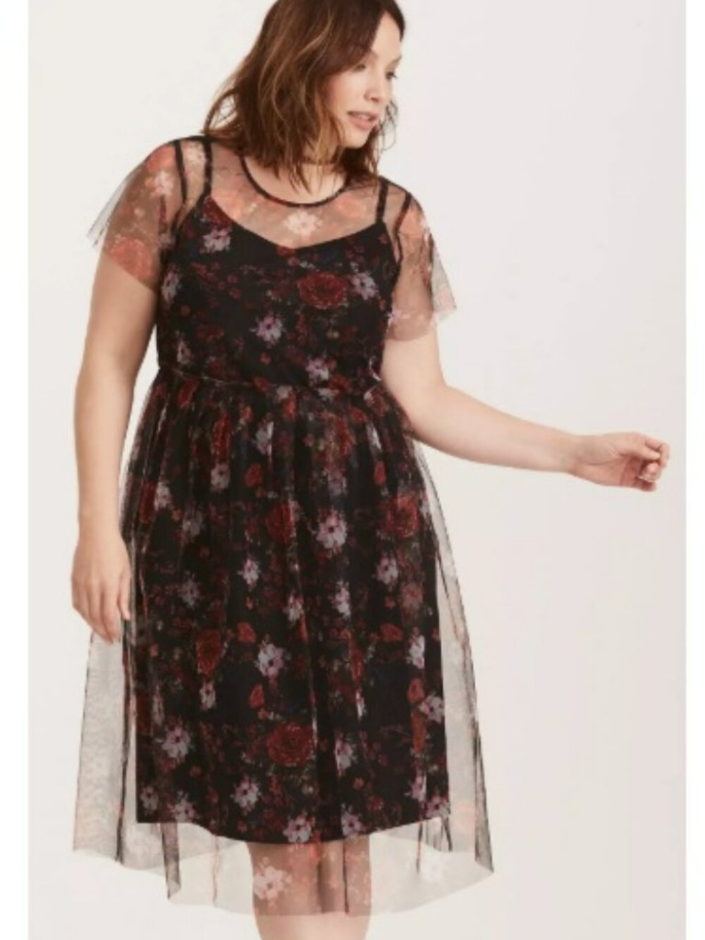 Torrid Black Multi-Color Floral Print Mesh Skater Midi Dress Sz 1X - Picture 3 of 15